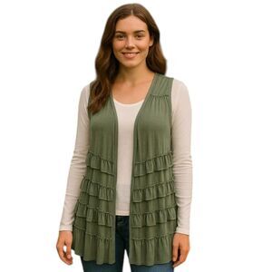POL Vest Boho Style Sleeveless Stretch Layered Ruffles Gray Green Small NEW